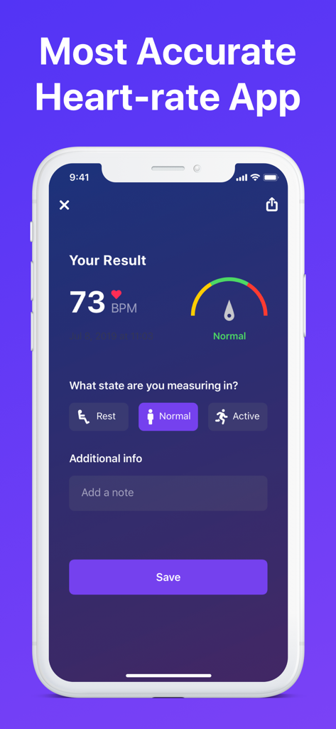 Heart Rate Monitor - Pulse App - Smartphone screenshot of a heart rate monitor app displaying a 73 BPM result and normal status indicator.