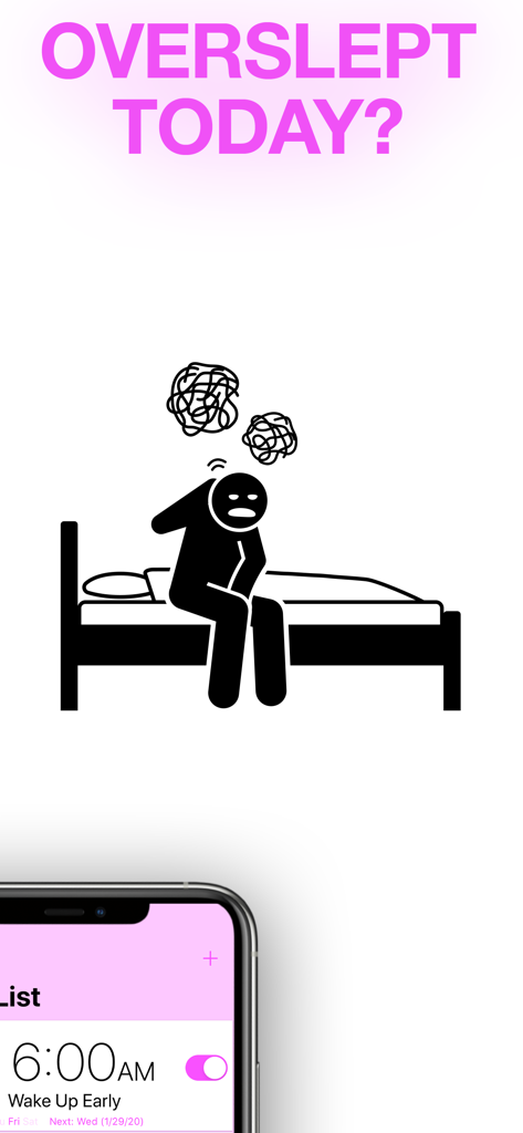 A stick figure sitting on a bed under the text Overslept Today with a 6 AM alarm displayed on a phone screen
