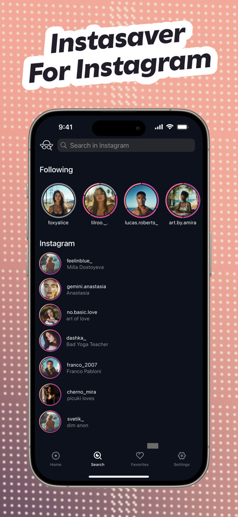 Interface of Blindstory app showing anonymous Instagram story viewing and saving features.