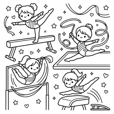 Celebrate the grace and strength of artistic gymnastics with this super cute Kawaii-style coloring page. Featuring adorable gymnasts in dynamic poses on various apparatus, it's a perfect blend of sport and charm ready for your creative touch.