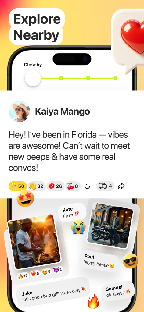 Mobile app interface for Kiki showing a local social feed with community posts and neighborhood chat interactions