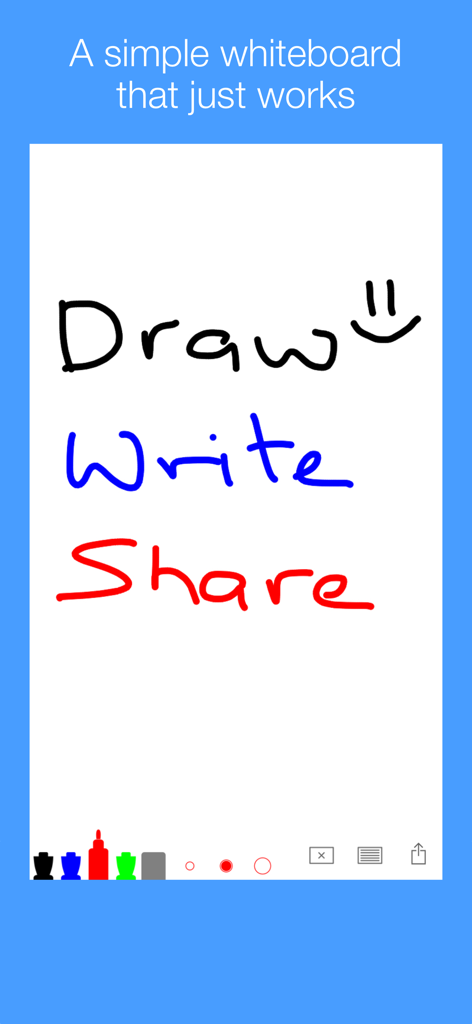simple whiteboardインターフェースに、異なる色で描かれた「draw」「write」「share」という手書き文字が表示されています。