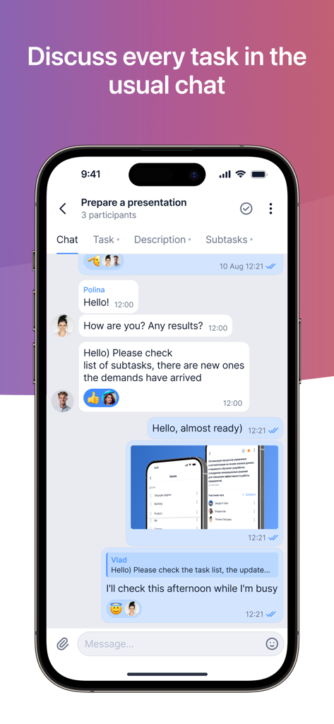 Interface of the YouGile Mobile app showing a task-based chat discussion for project management.
