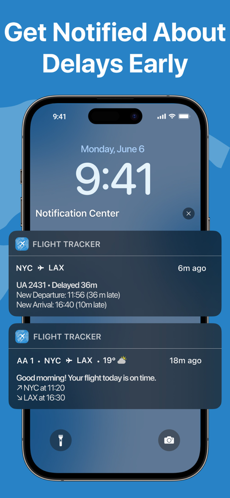 Tela de bloqueio do iPhone exibindo status de voo em tempo real e alertas de atraso do aplicativo Flight Tracker