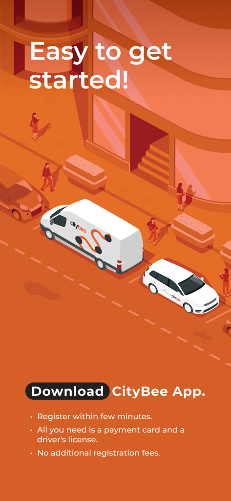 CityBee shared mobility - Eine Illustration von CityBee Autos und Lieferwagen auf einer Stadtstraße mit Text, der erklärt, wie man sich einfach für die Carsharing-App registriert.