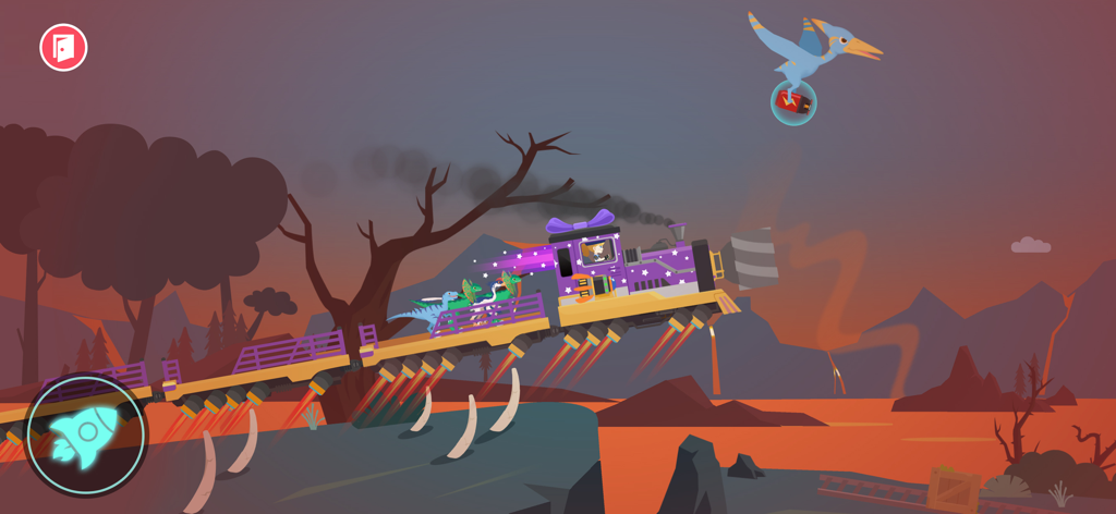 A rocket-powered rescue train carrying dinosaurs through a volcanic Jurassic environment