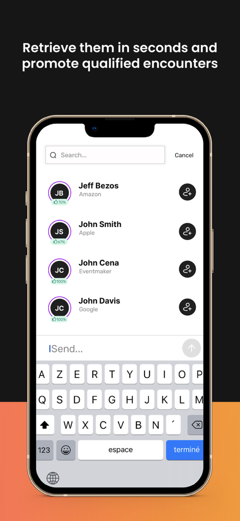 Search screen in the Eventmaker KeepTrack app showing a list of professional contacts with a mobile keyboard.
