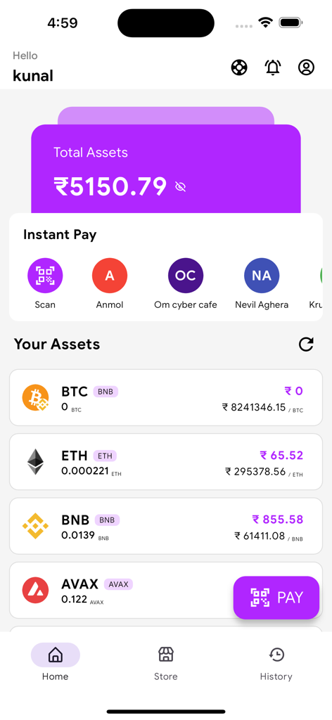 Dashboard of the PurpleX Crypto Payment App showing total assets in Indian Rupees and a list of cryptocurrency holdings like Bitcoin and Ethereum.