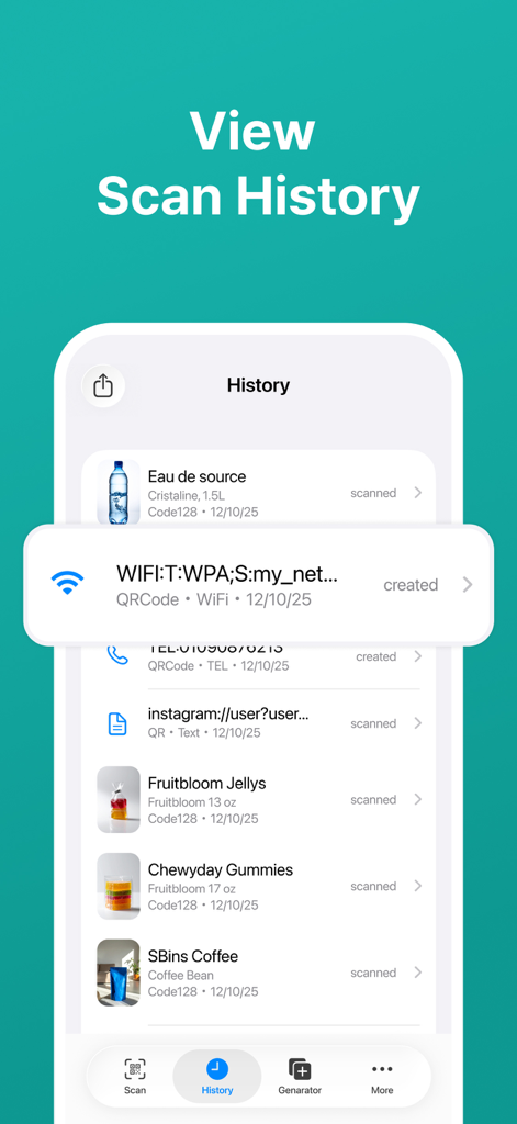 QR Code Scanner · Barcode - A list showing the scan history of products and generated QR codes in the app interface