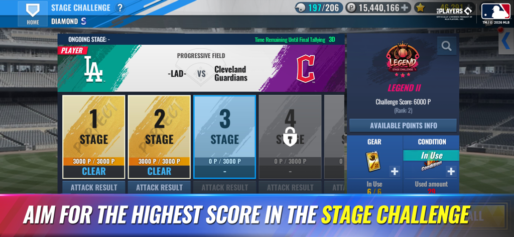 MLB 9 Innings 26 Stage Challenge menu showing level progression and game rewards