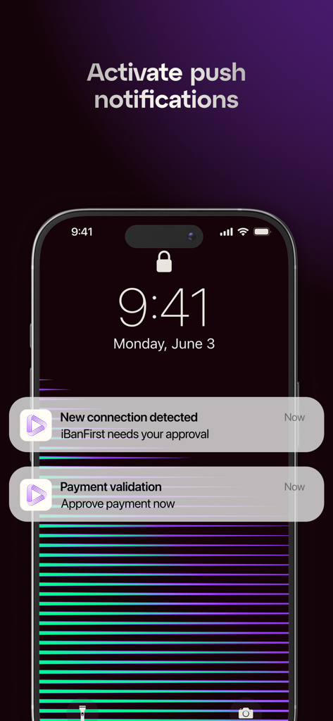 iPhone-Sperrbildschirm mit iBanFirst-Push-Benachrichtigungen zur Genehmigung neuer Verbindungen und Zahlungsvalidierung