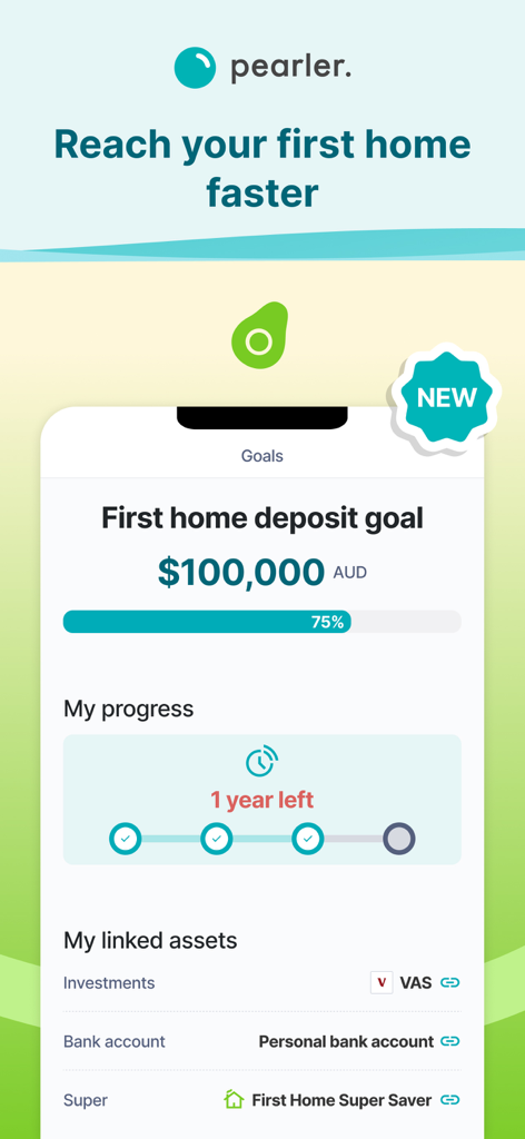 Pearler - Interfaz de la aplicación Pearler que muestra el progreso hacia un objetivo de ahorro para el pago inicial de una primera vivienda