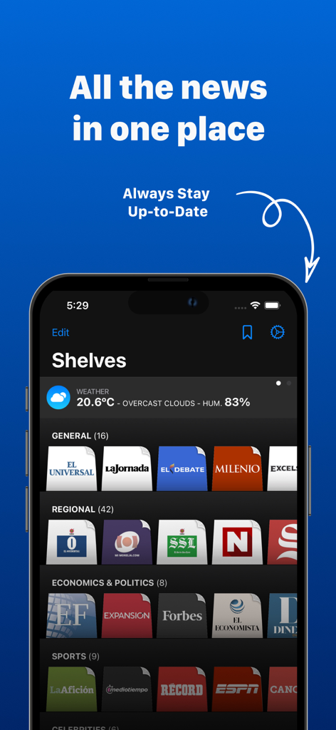 Mexican Newspapers app interface showing categorized news publication logos on a digital shelf.