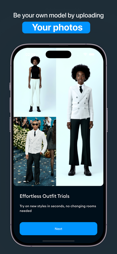 A mobile screen from the Outfit Maker app showing a virtual try-on feature where users can see outfits on their own photos.