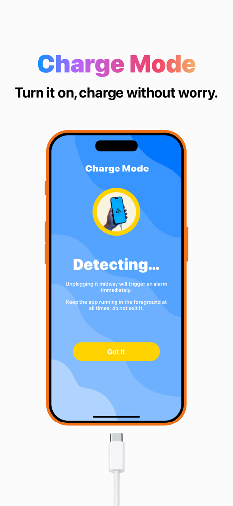 Screenshot of the ClapTrack app showing the Charge Mode interface with an alarm alert for unplugging the phone
