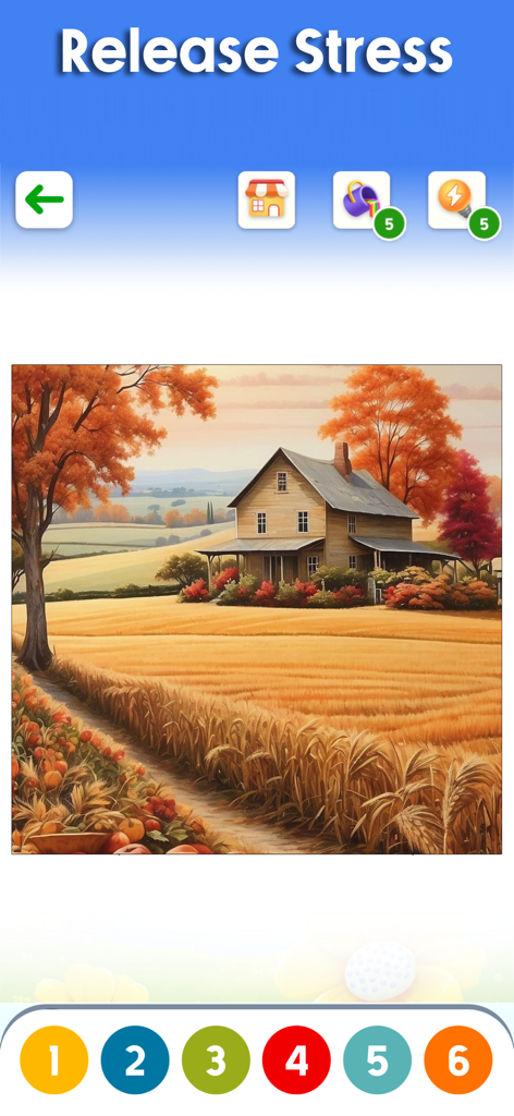 Zen Color App-Oberfläche mit einer friedlichen Herbstbauernhoflandschaft zum Malen nach Zahlen zur Stressbewältigung.