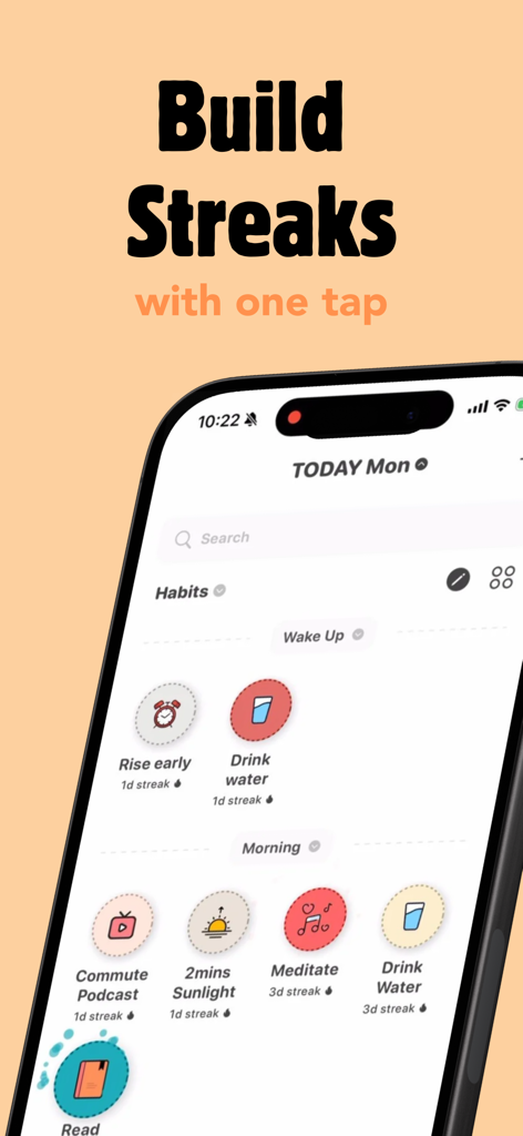 ShineDay app interface displaying daily habits and streaks