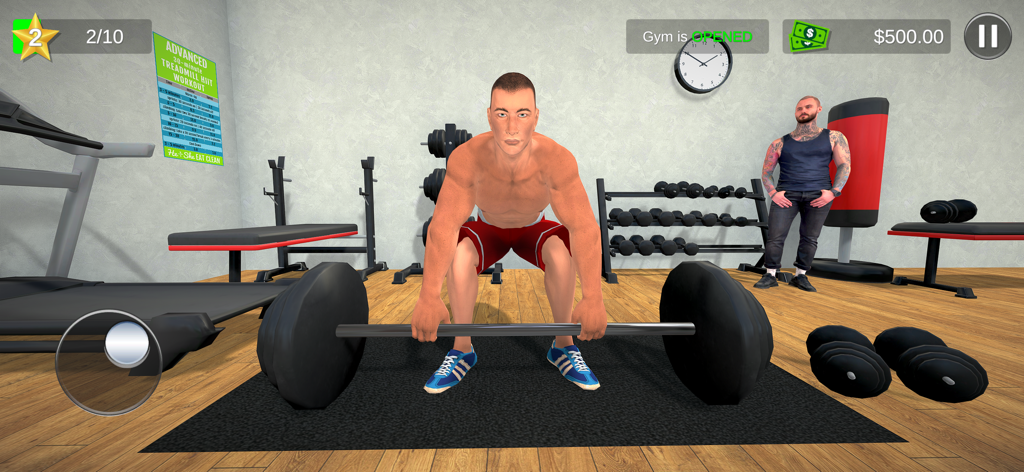 Fitness Gym Simulator Game 3D - A character preparing to lift a barbell in a 3D gym simulation game