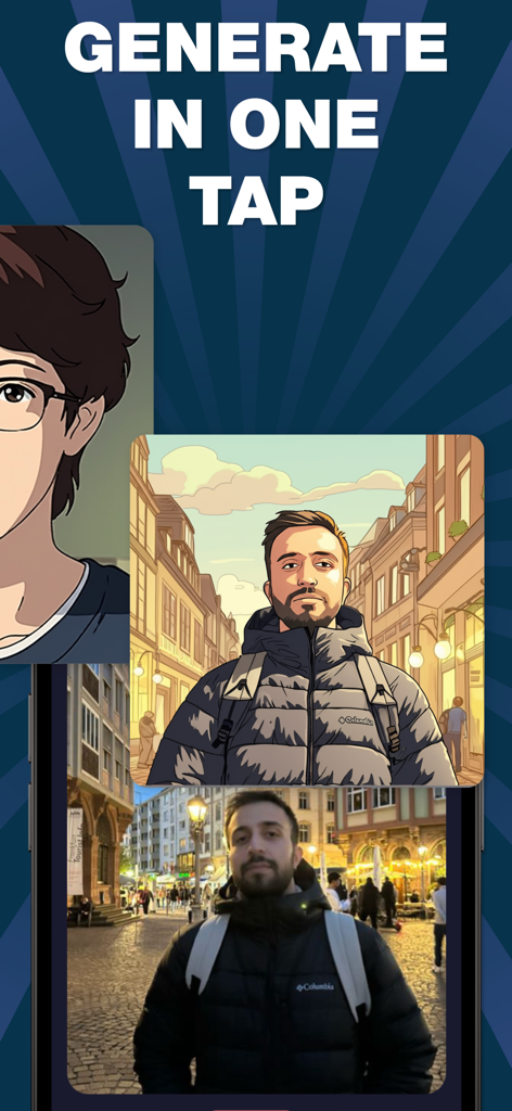 Cartoony: Anime Cartoon Maker - A before and after comparison of a man in a city street transformed into a Ghibli style anime illustration using an AI filter