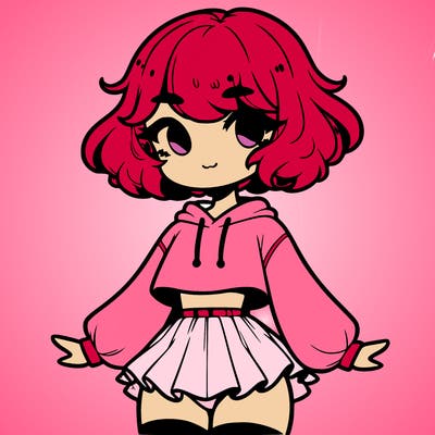 cute femboy with short, fluffy hair that softly frames their face, wearing a cropped hoodie, paired with a flouncy short skirt, and thigh-high stockings