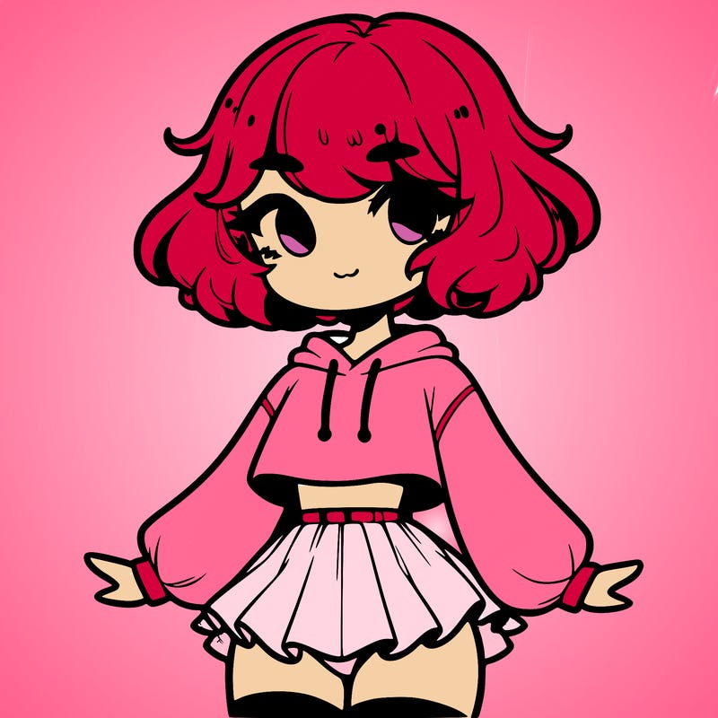 cute femboy with short, fluffy hair that softly frames their face, wearing a cropped hoodie, paired with a flouncy short skirt, and thigh-high stockings