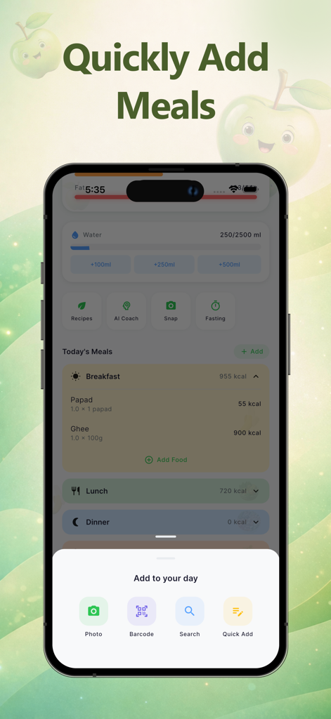 Nutoriq - AI Calorie Tracker - Nutoriq app interface showing the options to quickly add meals like breakfast via photo or barcode