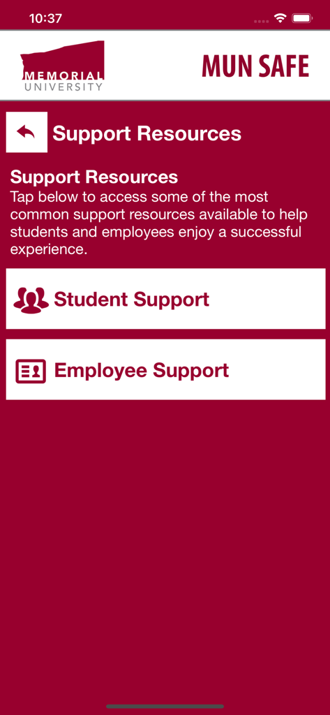 MUN Safe - MUN Safe app support resources menu for student and employee support