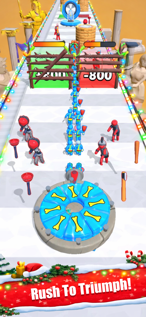 Human Fortune - Gameplay of Human Fortune showing blue characters rushing through gates and a reward spin wheel at the bottom