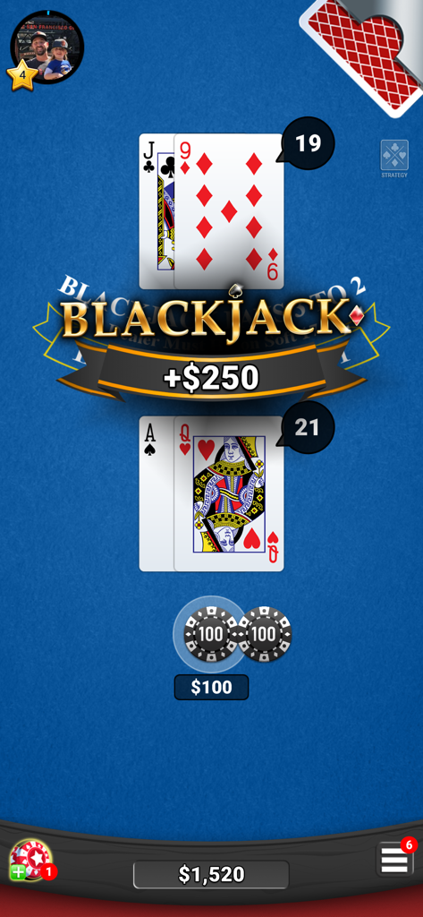 Blackjack 21! - Casino Games - Uma mão vencedora de 21 no jogo de cassino móvel Blackjack.