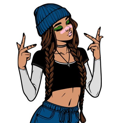 realistic teenage girl with braids and a beanie and crop top doing 🫶🏼