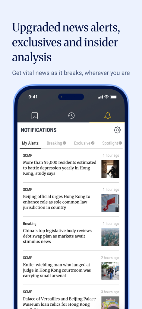 South China Morning Post: News - South China Morning Post mobile app interface displaying a list of personalized news alerts and notifications.