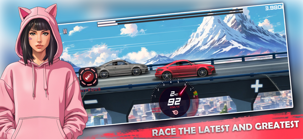Two cars racing on a scenic bridge with snow-capped mountains in Nitro Speed Drag Racing NS
