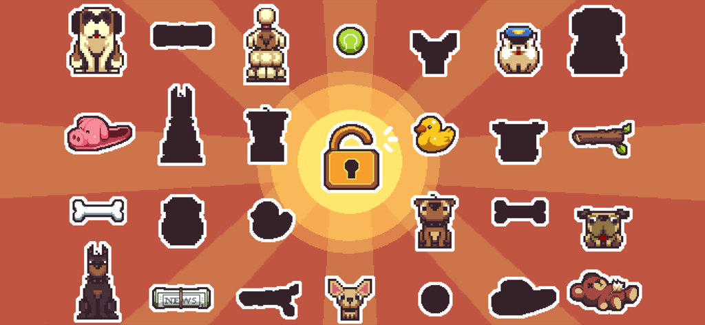 A collection of unlockable pixel art dogs and toys