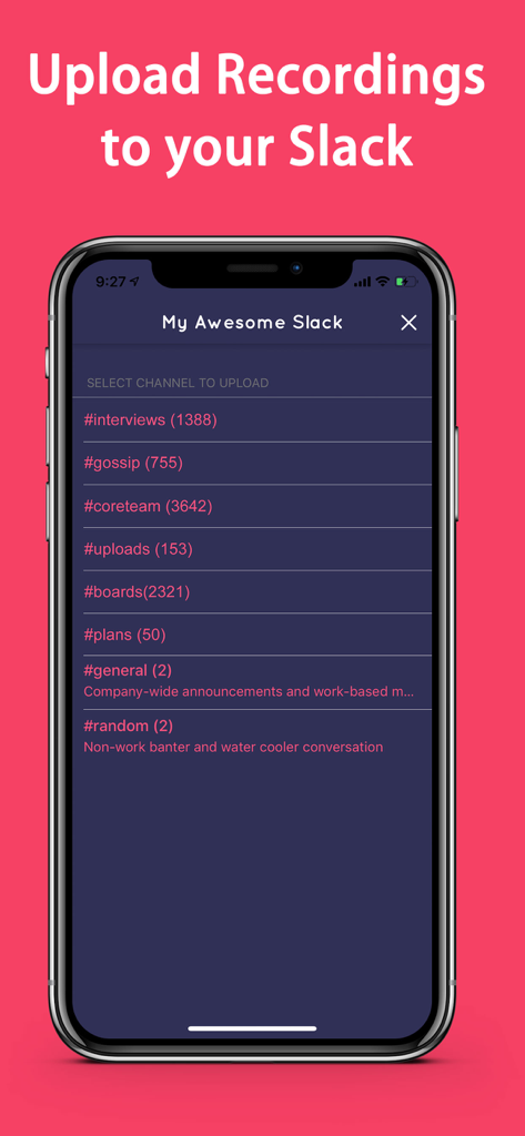 Slack 통합 및 채널 선택을 보여주는 Acr 통화 녹음기 앱 인터페이스