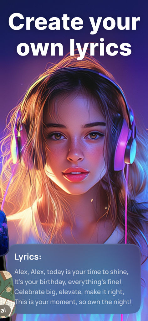 AI Song Generator. Music maker - Uma jovem usando fones de ouvido brilhantes na interface do aplicativo Gerador de Músicas com IA com uma caixa de entrada de letras personalizadas para uma música de aniversário.