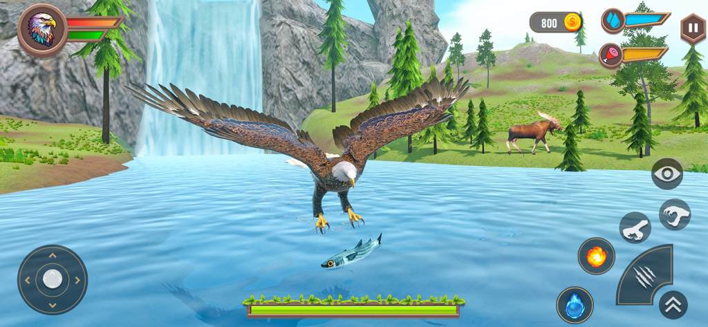 Real Eagle Simulator Bird Game - A bald eagle flying over water catching a fish in a 3D simulation game