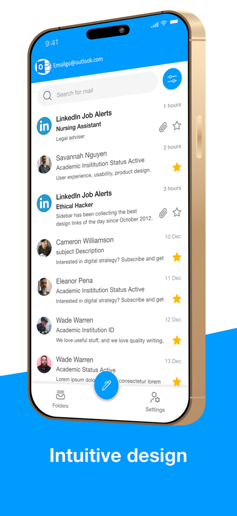 Email for Hotmail, Outlook - HotmailおよびOutlookアカウント用のクリーンで直感的なメール受信トレイを表示するスマートフォン