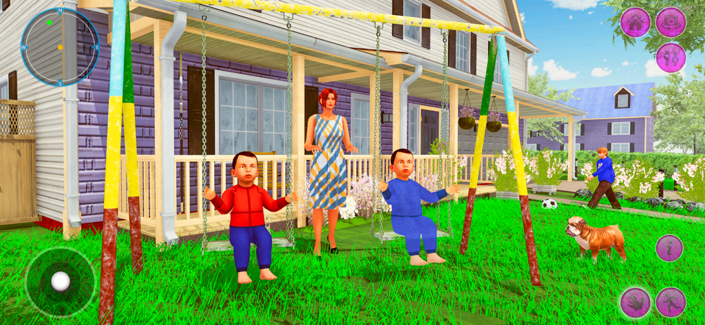Babysitter Simulator 3D - A babysitter character watching over two children on a swing set in a backyard