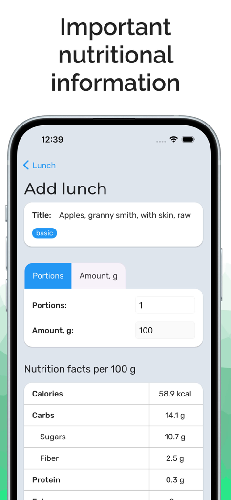 Aplicativo Rastreador de Nutrição exibindo informações nutricionais e macronutrientes para uma entrada de registro de alimentos