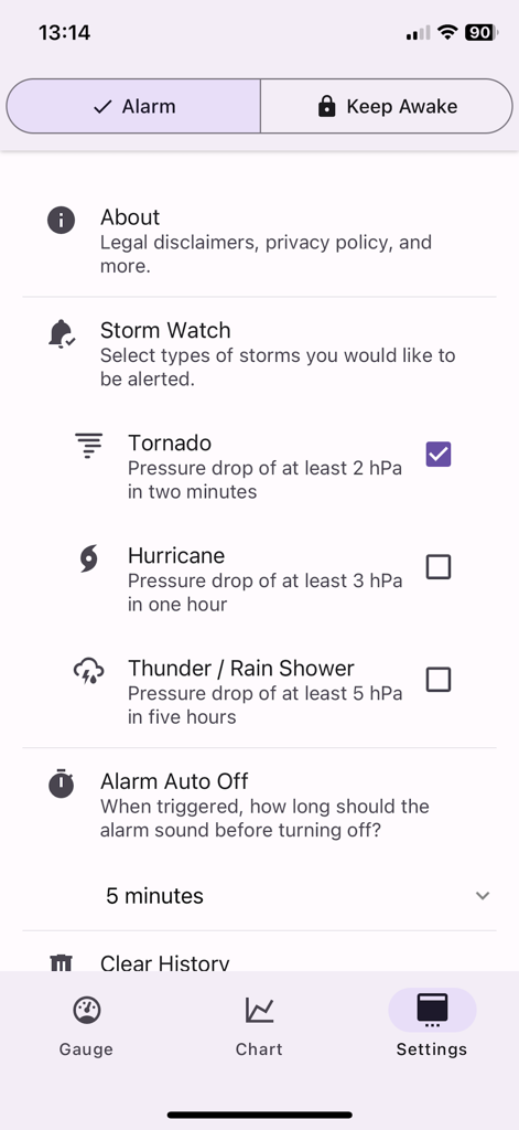Stormeter - Stormeter app settings screen showing storm watch configurations for tornado and hurricane alerts based on barometric pressure changes