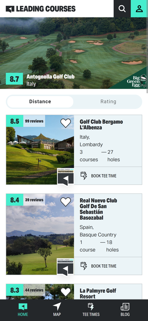 Leading Courses App-Oberfläche, die bewertete Golfplätze mit Buchungsoptionen anzeigt