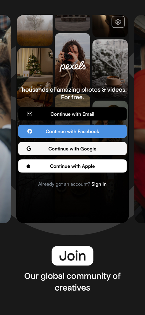 Pexels - Interface de login do aplicativo Pexels mostrando opções de login social sobre uma grade de fundo de fotos de banco de imagens estéticas