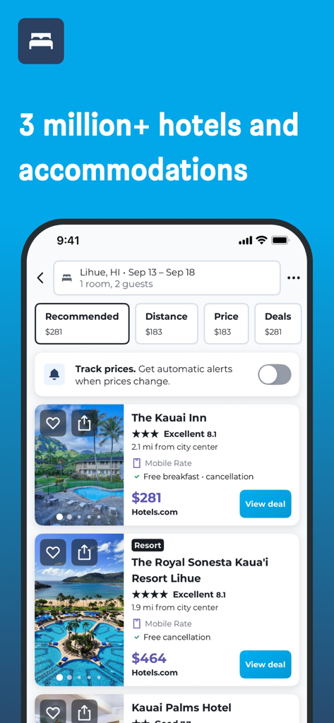 HotelsCombined mobile app displaying hotel search results for Lihue Hawaii with prices and comparison filters