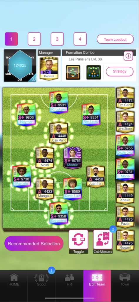 SEGA POCKET CLUB MANAGER - Team management screen in SEGA POCKET CLUB MANAGER showing a soccer formation with licensed player cards like Neymar and Modric