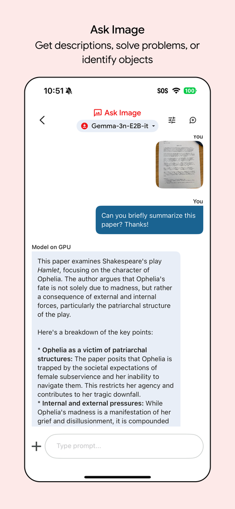 Google AI Edge Gallery - Google AI Edge Gallery interface showing the Ask Image feature summarizing an uploaded document about Shakespeare's Hamlet using an offline AI model.