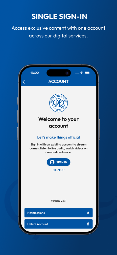 QPR FC公式モバイルアプリのアカウントログインおよびサインアップ画面