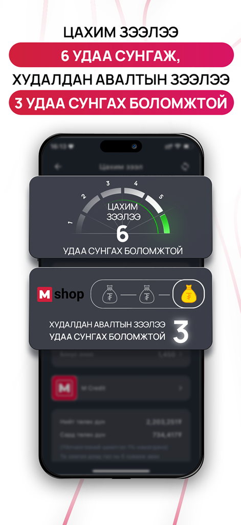 M Credit app interface showing options to extend digital loans up to 6 times and purchase loans up to 3 times.