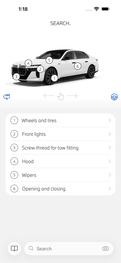 BMWのインタラクティブな3Dモデル。ホイールやフロントライトなどの車両機能検索用の番号付きホットスポットが表示されています。