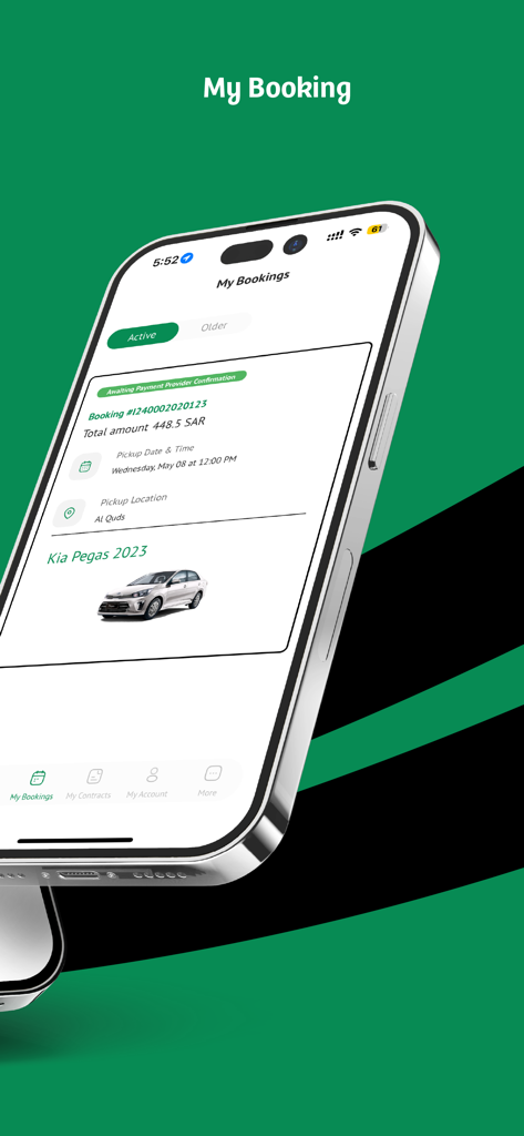 Ajar | Enterprise - Ajar Enterprise mobile app displaying an active car rental booking for a Kia Pegas including pickup location and time.