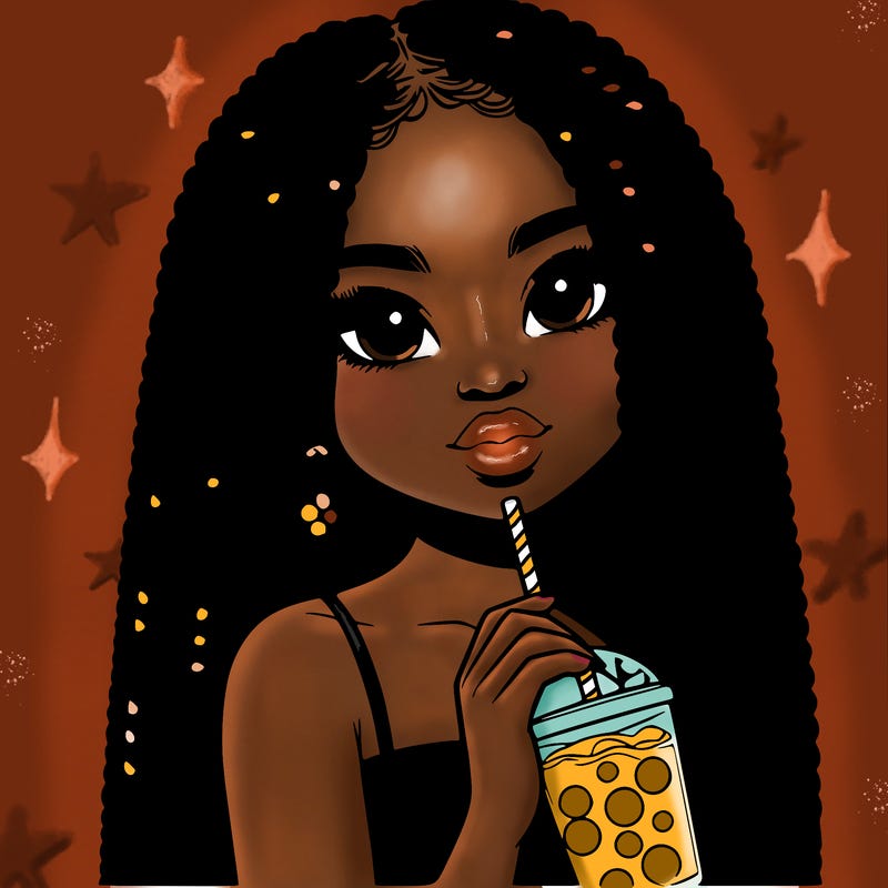 realistic girl holding a boba with braided hair